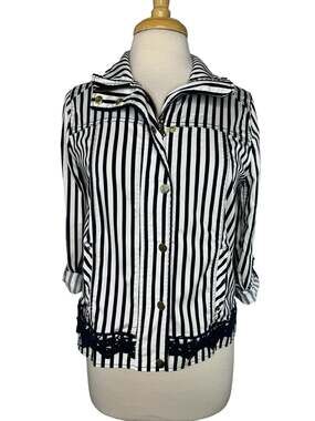 CHICOS Blue White Stripe Sateen Cotton Crochet Jacket Size Small (0) Gold Button